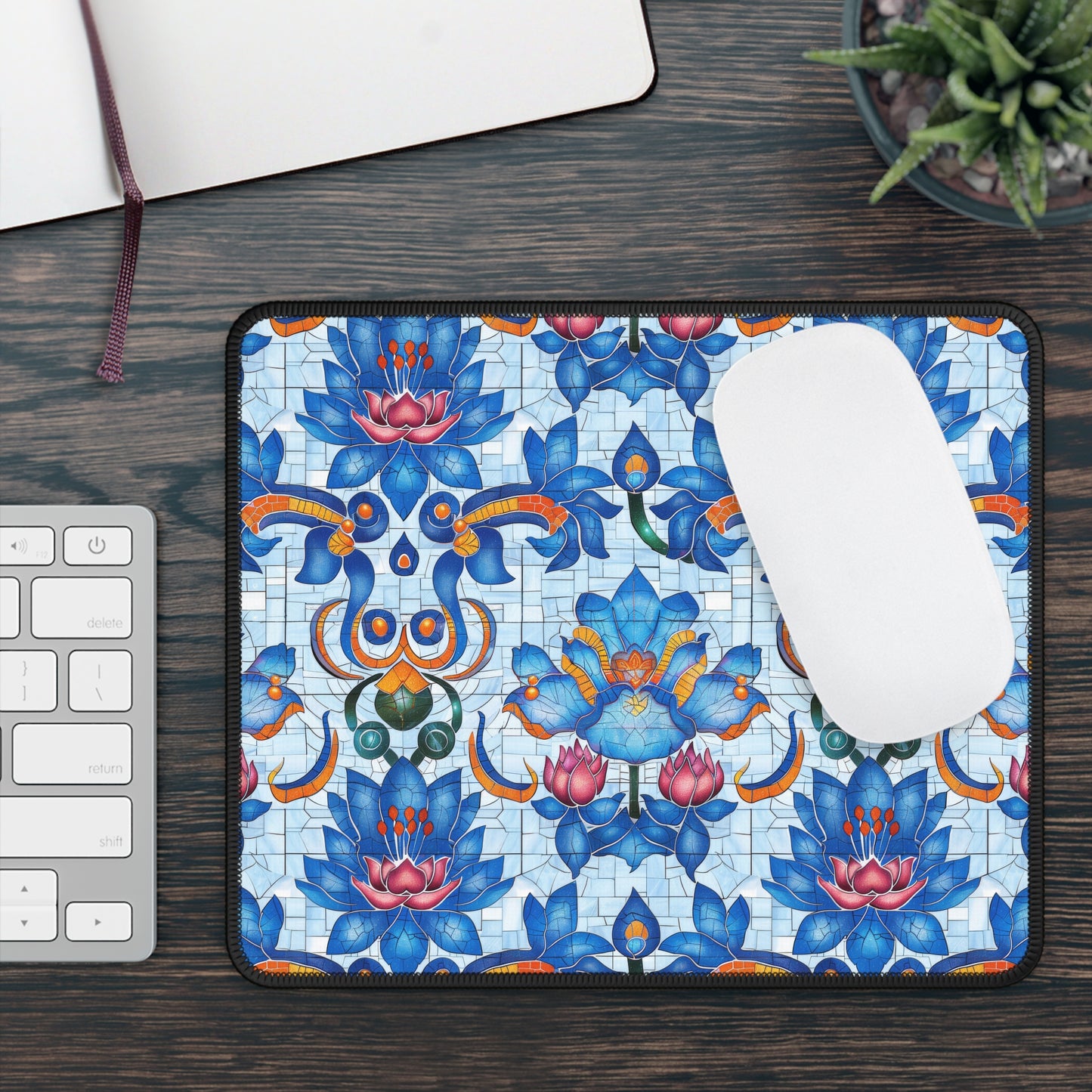 Majestic Mosaic Blossoms Vibrant Blue and Pink Floral Tile Design Mouse Pad with Finished Edges