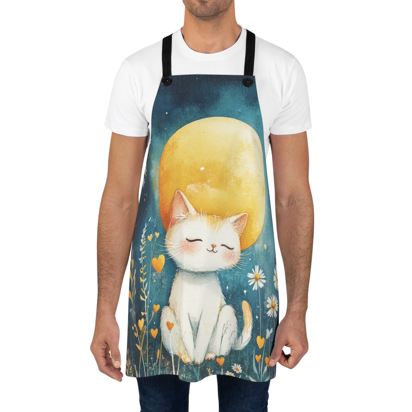 Whimsical Kitten with Golden Moonlit Serenity  Kitchen Chef Apron