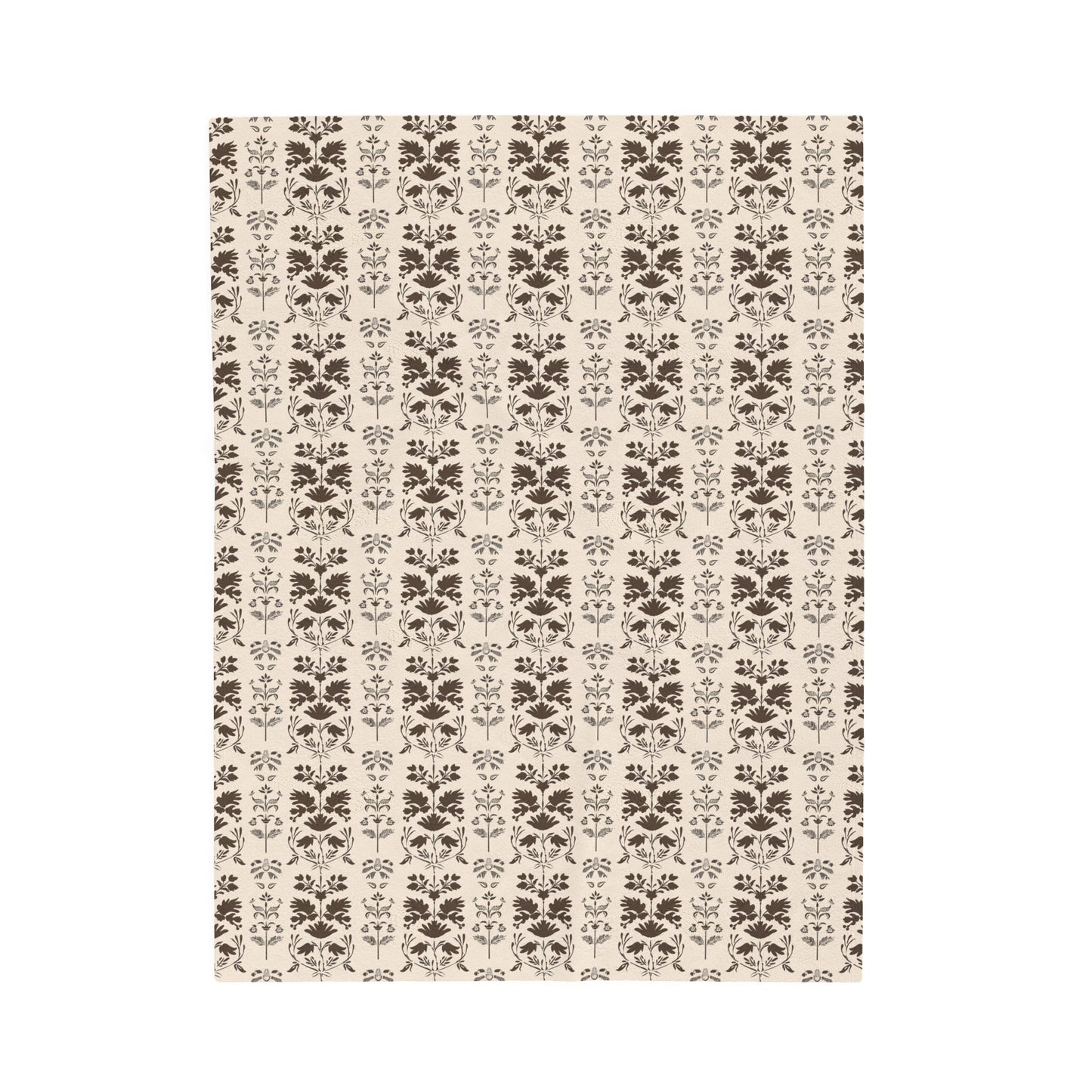 Early American Stencil-Inspired Beige and Brown Floral Pattern Velveteen Plush Blanket 3 Sizes