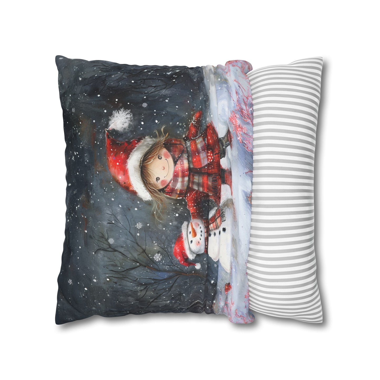 Little Girl and Snowman Sharing Winter's Wonder Spun Polyester Square Pillowcase 4 Sizes