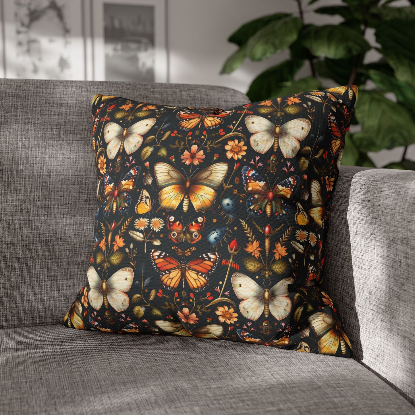 Enchanted Garden of Butterflies and Botanicals in Rich Autumn Hues on a Deep Night Background Polyester Square Pillowcase 4 Sizes