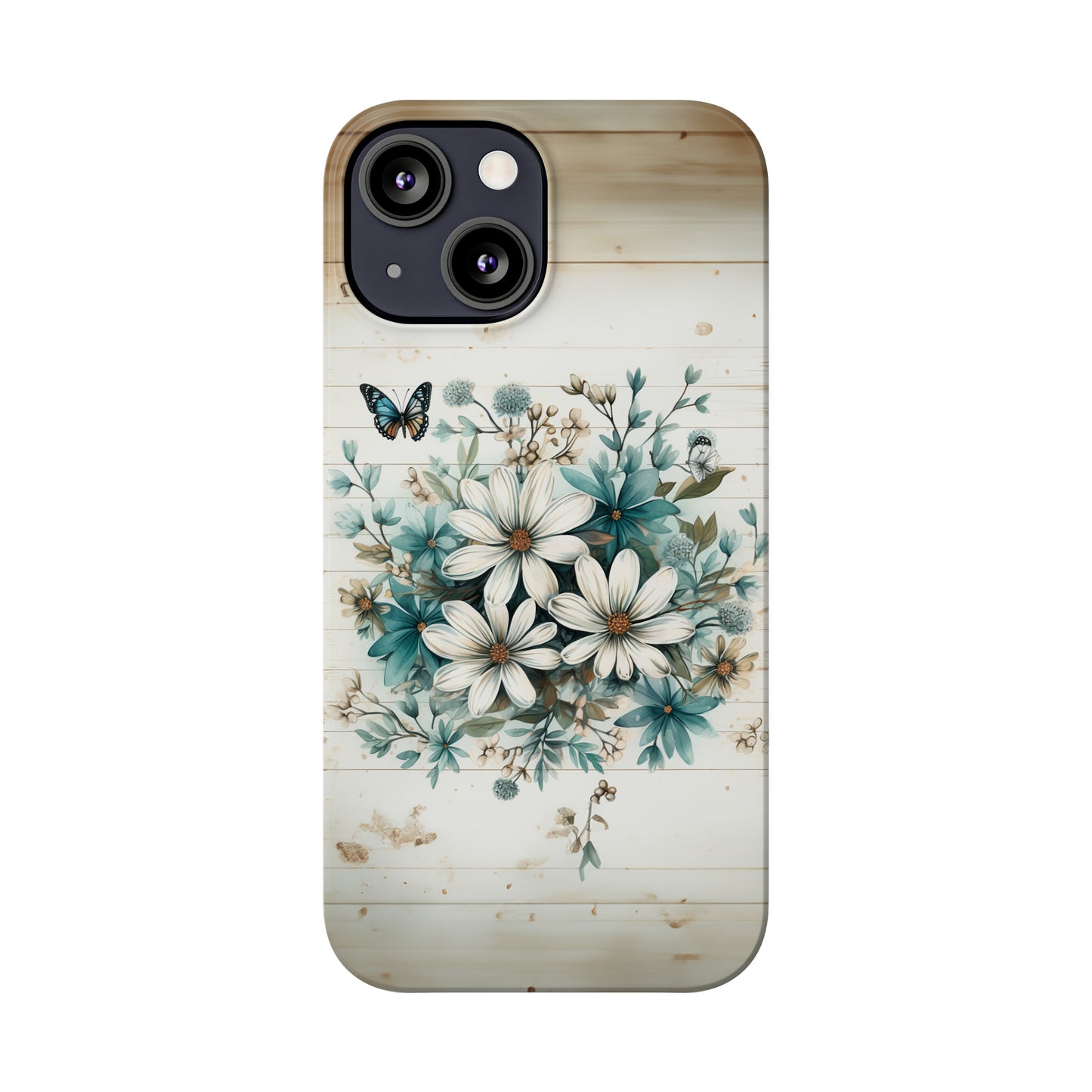 Rustic Charm Bouquet featuring Teal Accents White Wild Daisies with Butterflies  Iphone 15-12 Slim Phone Case