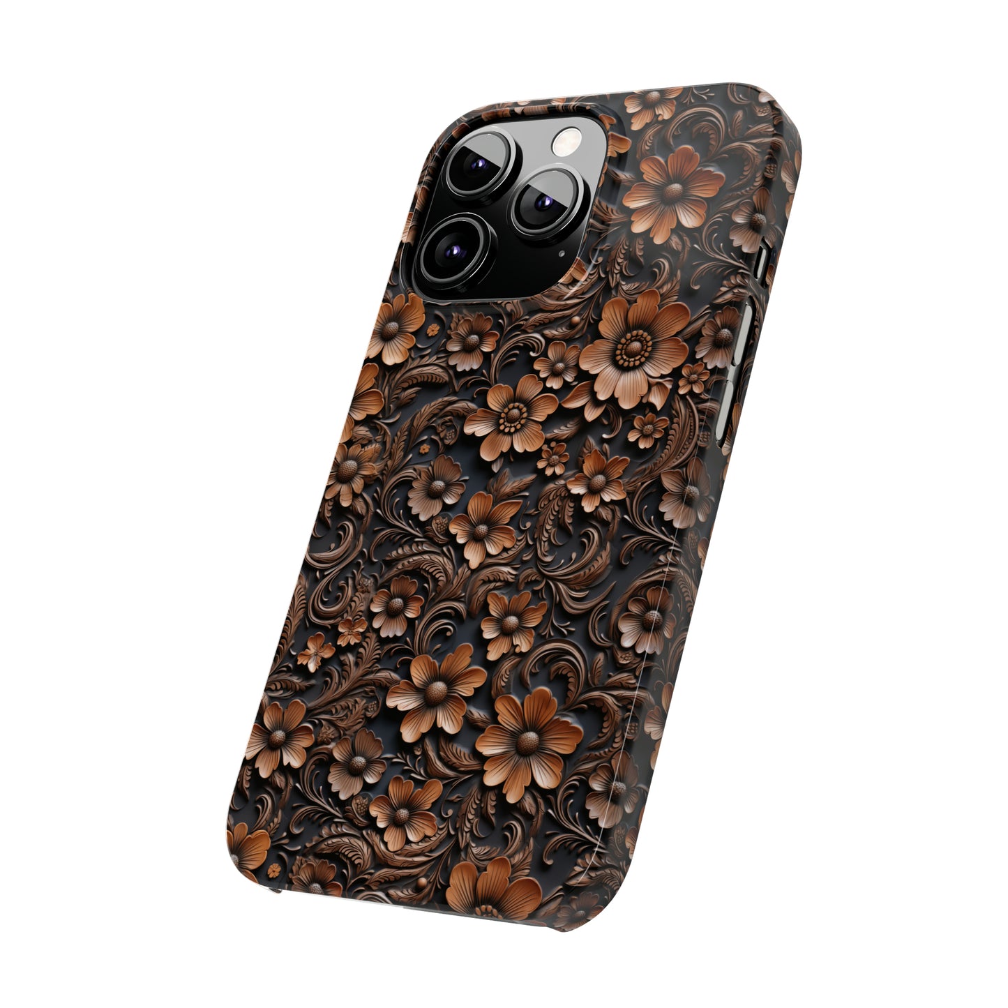 Tooled Deep Brown Leather Flowers Print Design Iphone 15-12 Slim Phone Case