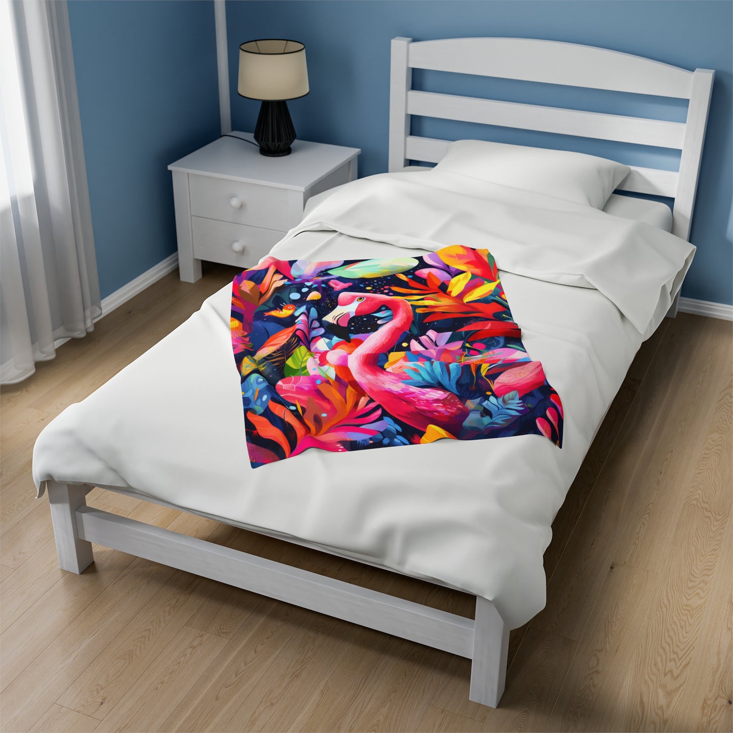 Vibrant Flamingo in a Jungle of Bold Colors and Leaves Velveteen Plush Blanket 3 Sizes