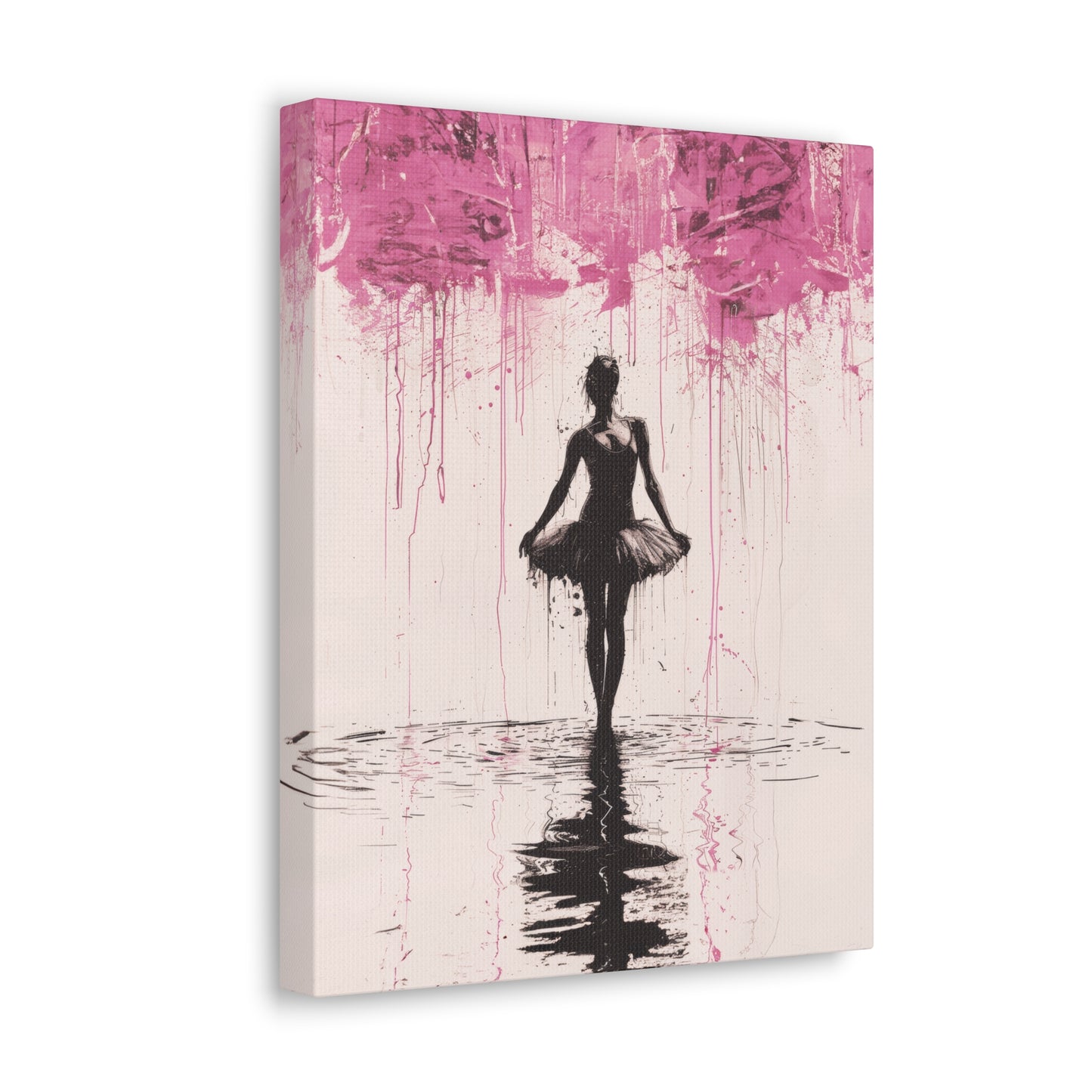 Dreamlike Reverie: Ballerina Dancing Amidst Pink Clouds and Gentle Rain Print on Canvas Gallery - 13 Sizes