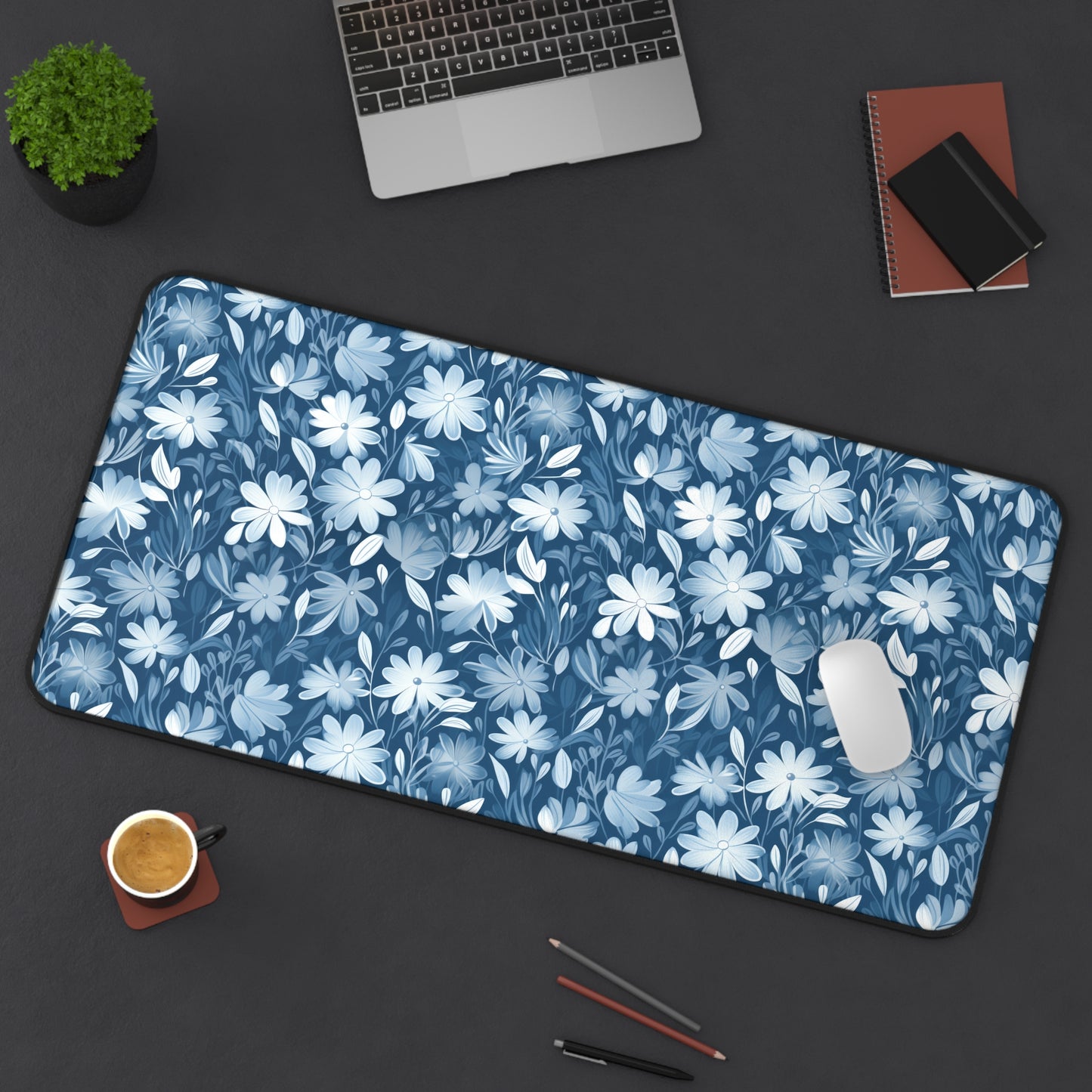 Gentle Elegance: Soft Muted Blue Flower Design - Desk Mat Extended Gaming Mouse Pad 3 Sizes