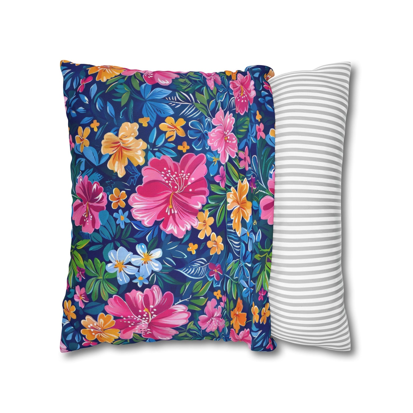 Tropical Sunrise Bloom: Pink Watercolor Flowers with Yellow and Blue Accents Spun Polyester Square Pillowcase 4 Sizes