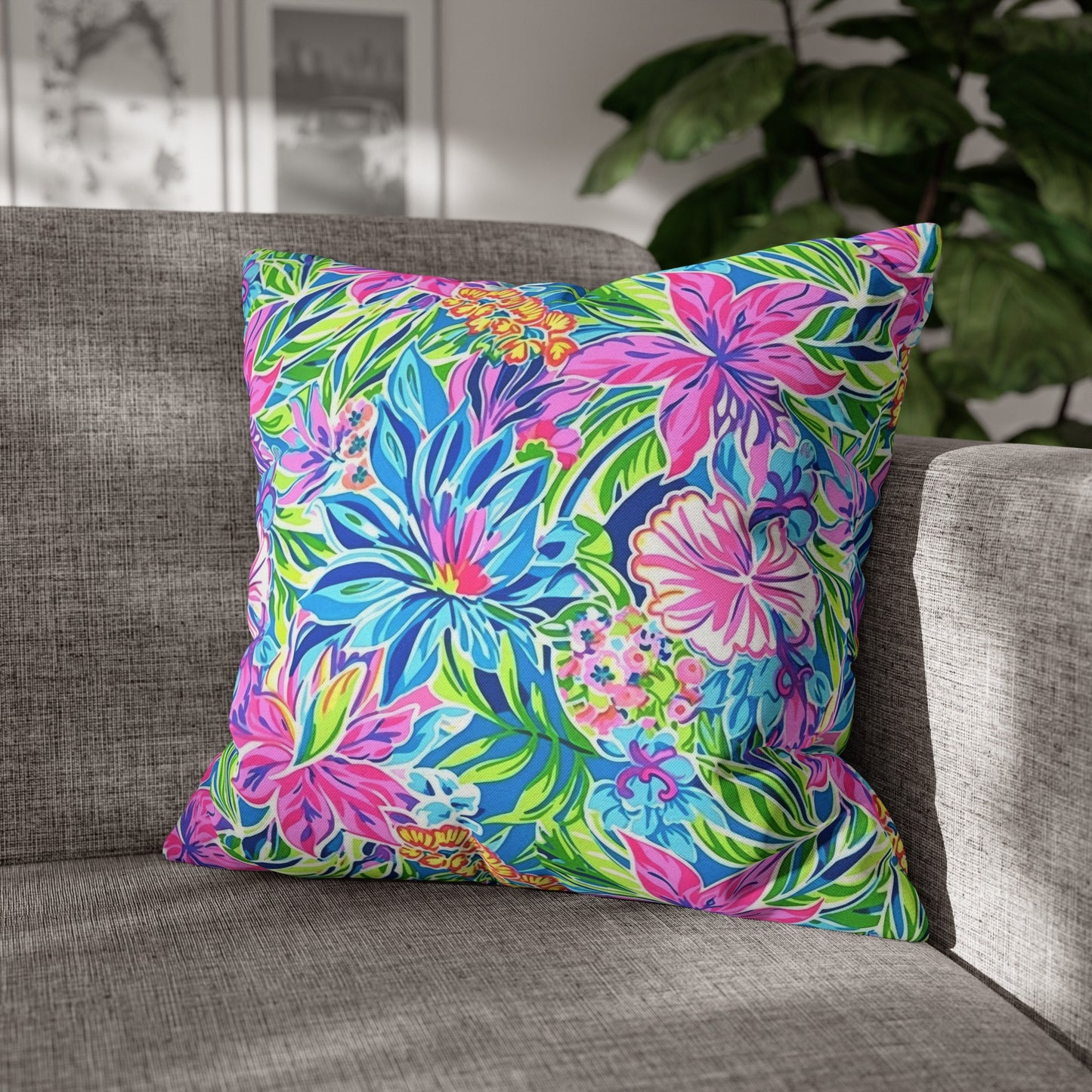 Summer Harmony: Pink and Blue Blooms with Lush Green Leaves Spun Polyester Square Pillowcase 4 Sizes