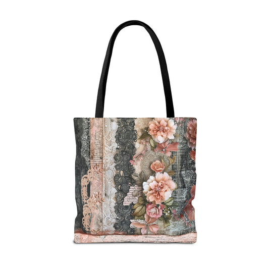 Elegant Victorian Flair: Layers of Pink and Black Lace Adorned with Pink Flowers Canvas Tote Bag - 3 Sizes