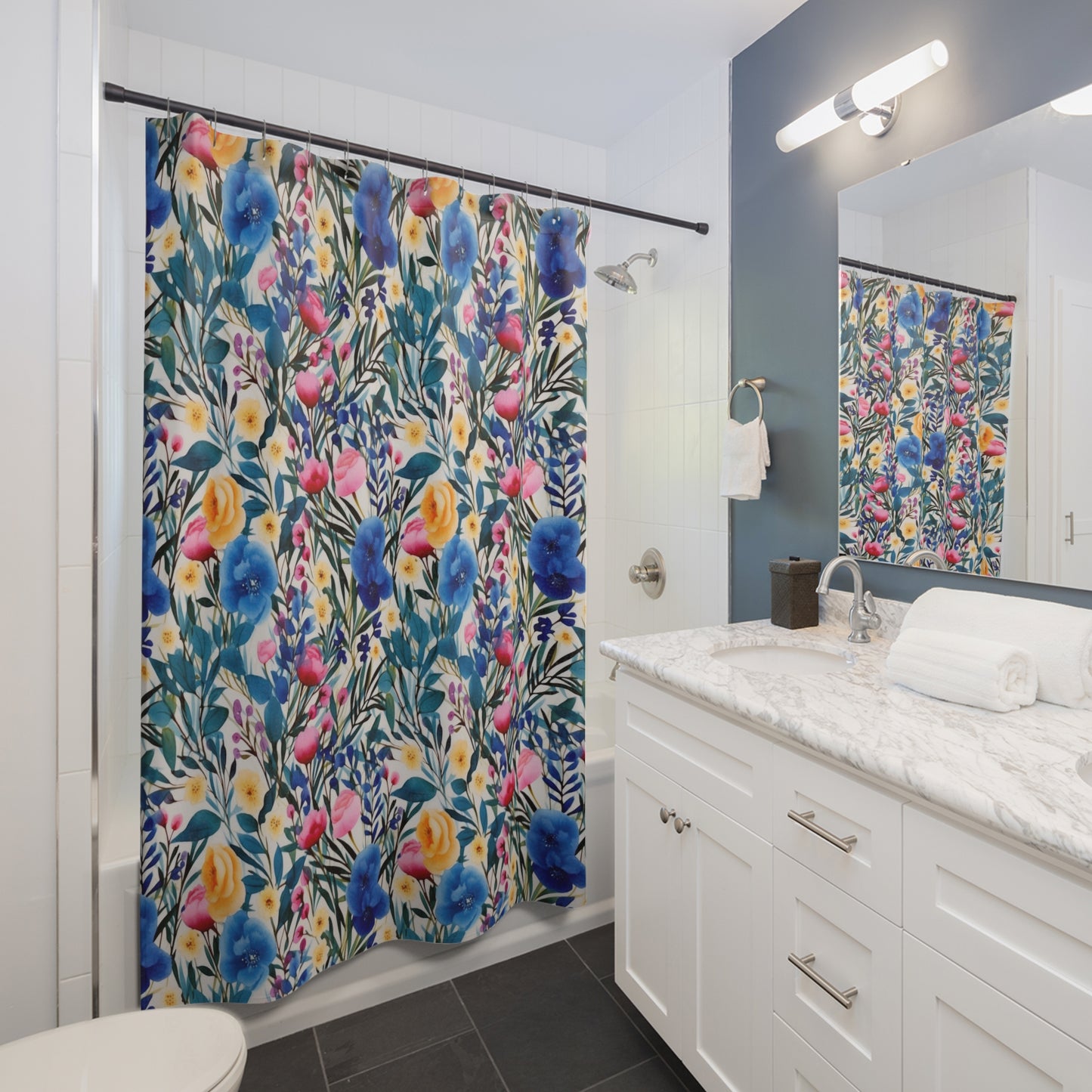 Blooming Brilliance: Large Watercolor Floral Design in Blue, Yellow, and Pink Bathroom Shower Curtain   71" × 74"