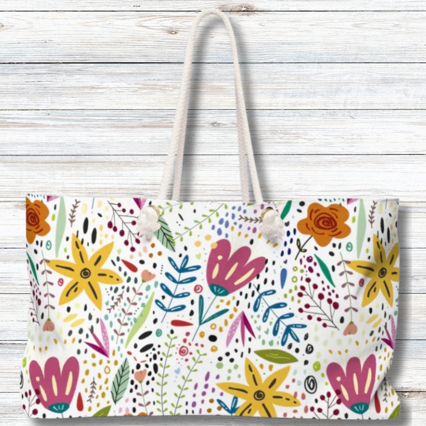 Springtime Splendor: Hand-Drawn Flowers Bursting with Vibrant Colors Design  - Weekender Oversized Canvas Tote Bag 24" × 13"