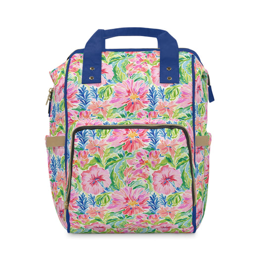 Pastel Oasis: Watercolor Hibiscus Flowers and Palms in Soft Hues Multifunctional Diaper Backpack