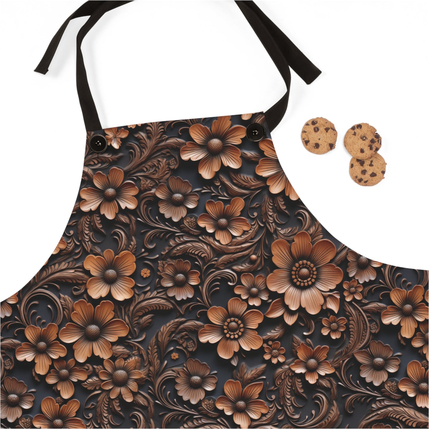 Tooled Deep Brown Leather Flowers Print Design Kitchen Chef Apron