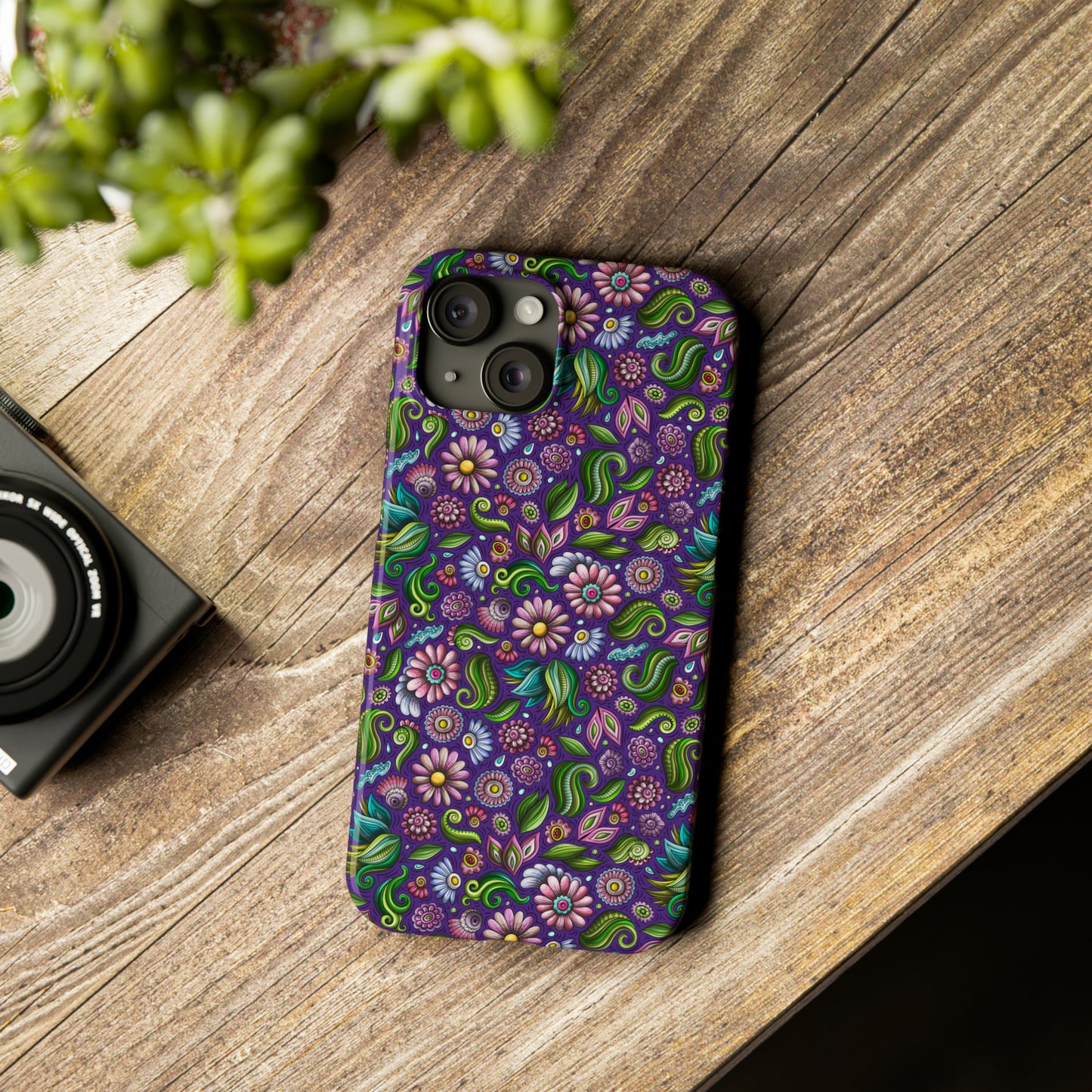 Purple & Pink Daisy Floral Print Purple Background Iphone 15-12 Slim Phone Case