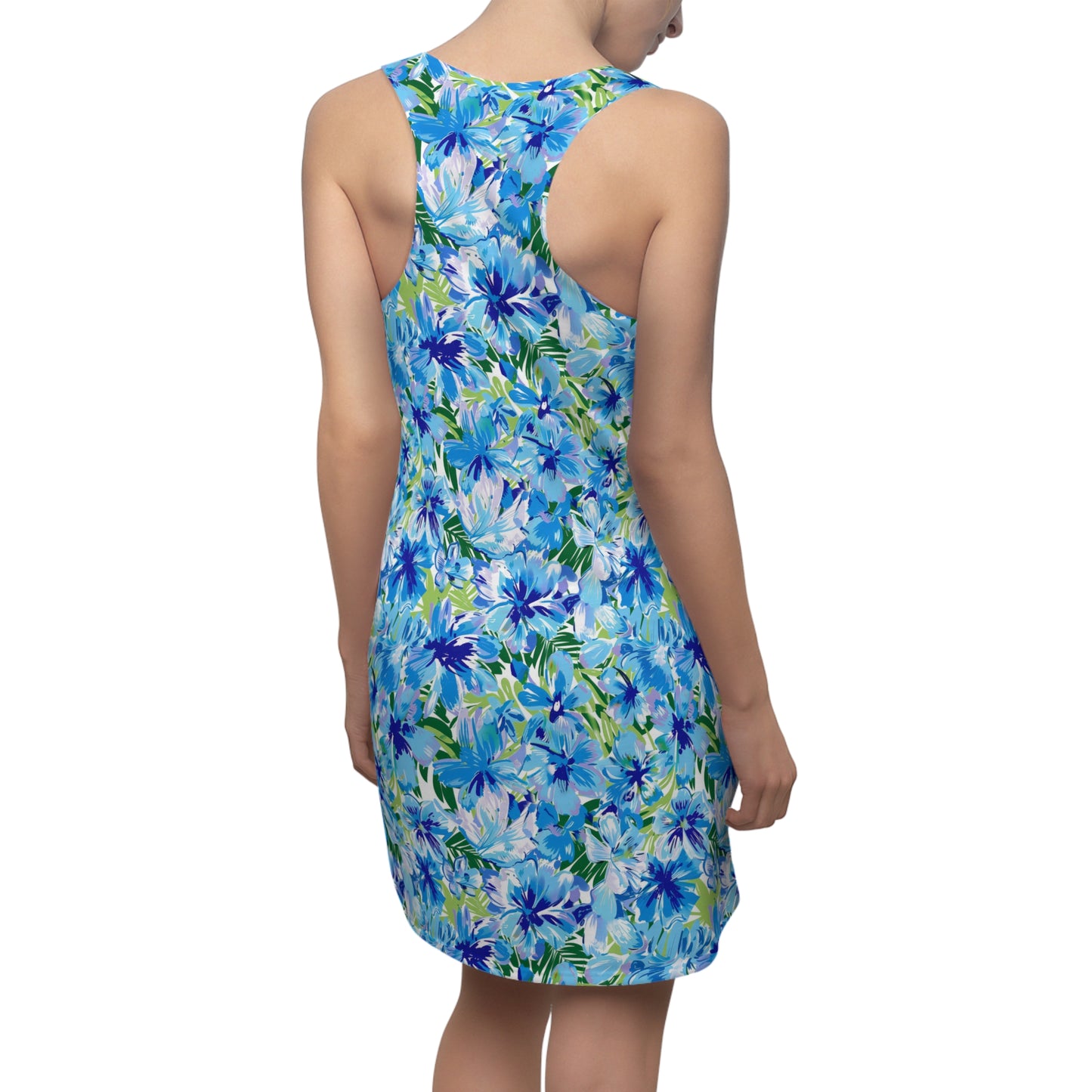 Azure Bloom Oasis: Bright Blue Large Flowers with Lush Green Palm Leaves Women's Racerback Dress XS - 2XL