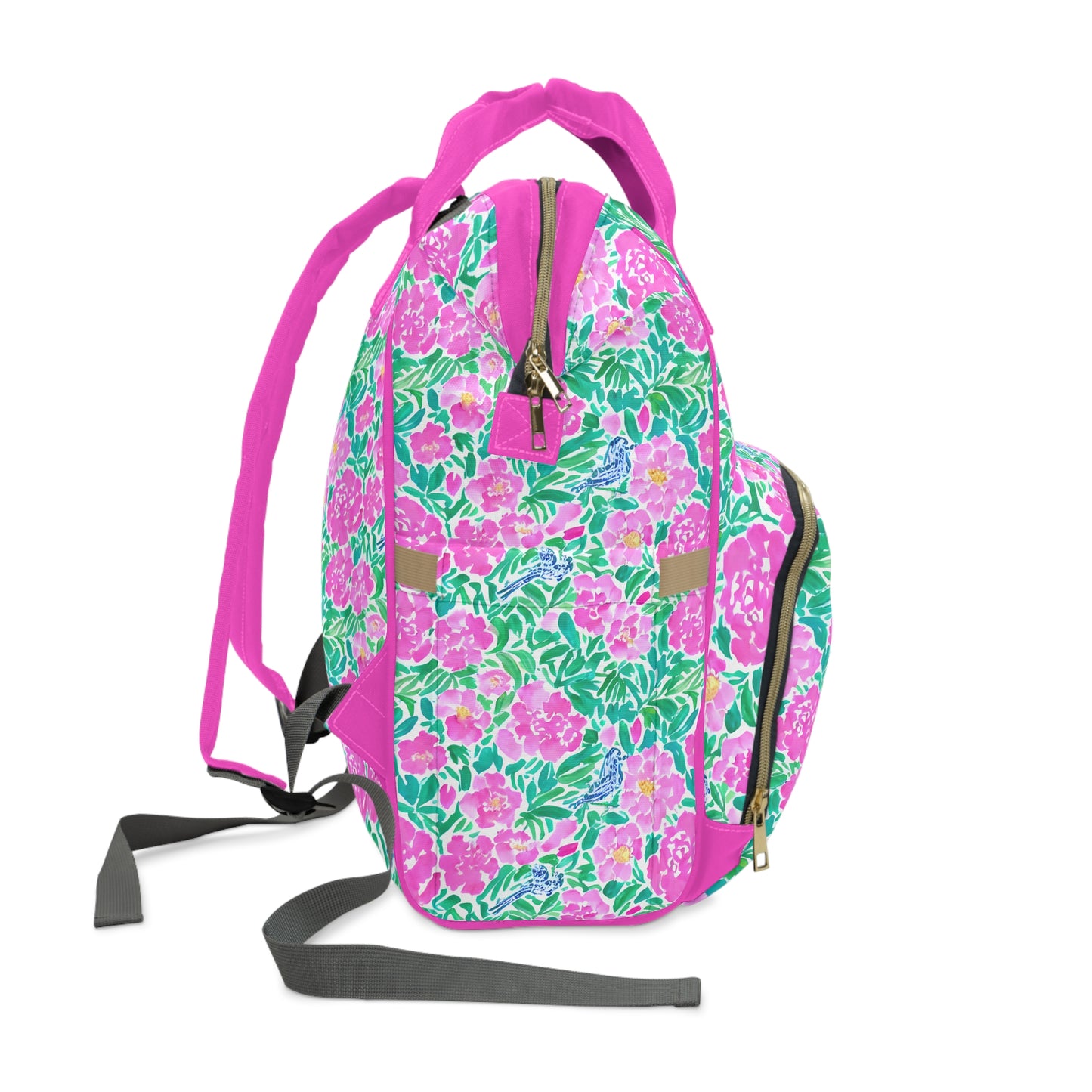 Springtime Whispers: Tiny Birds and Pink Blooms, Subtle Blue Accents, and Lush Green Leaves Multifunctional Diaper Backpack