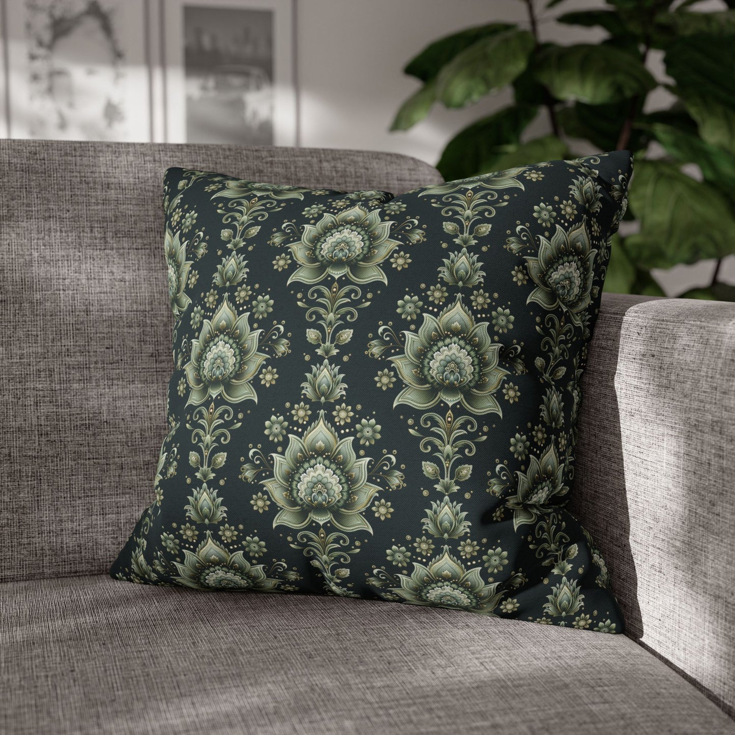 Ornate Green Mandala with Golden Accents on Dark Background Polyester Square Pillowcase 4 Sizes