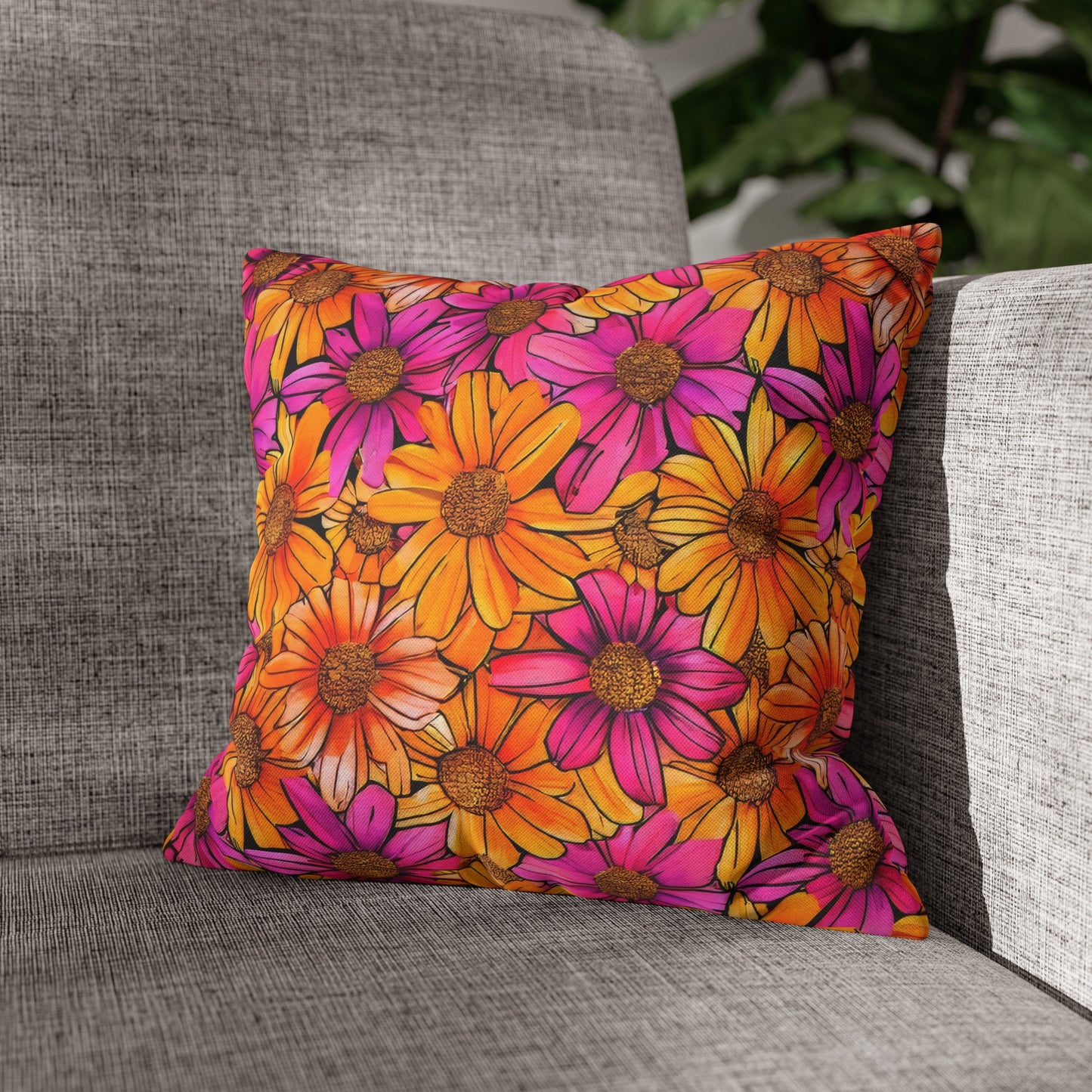 Vibrant Daisy Delight with Bold Orange and Pink Spun Polyester Square Pillowcase 4 Sizes