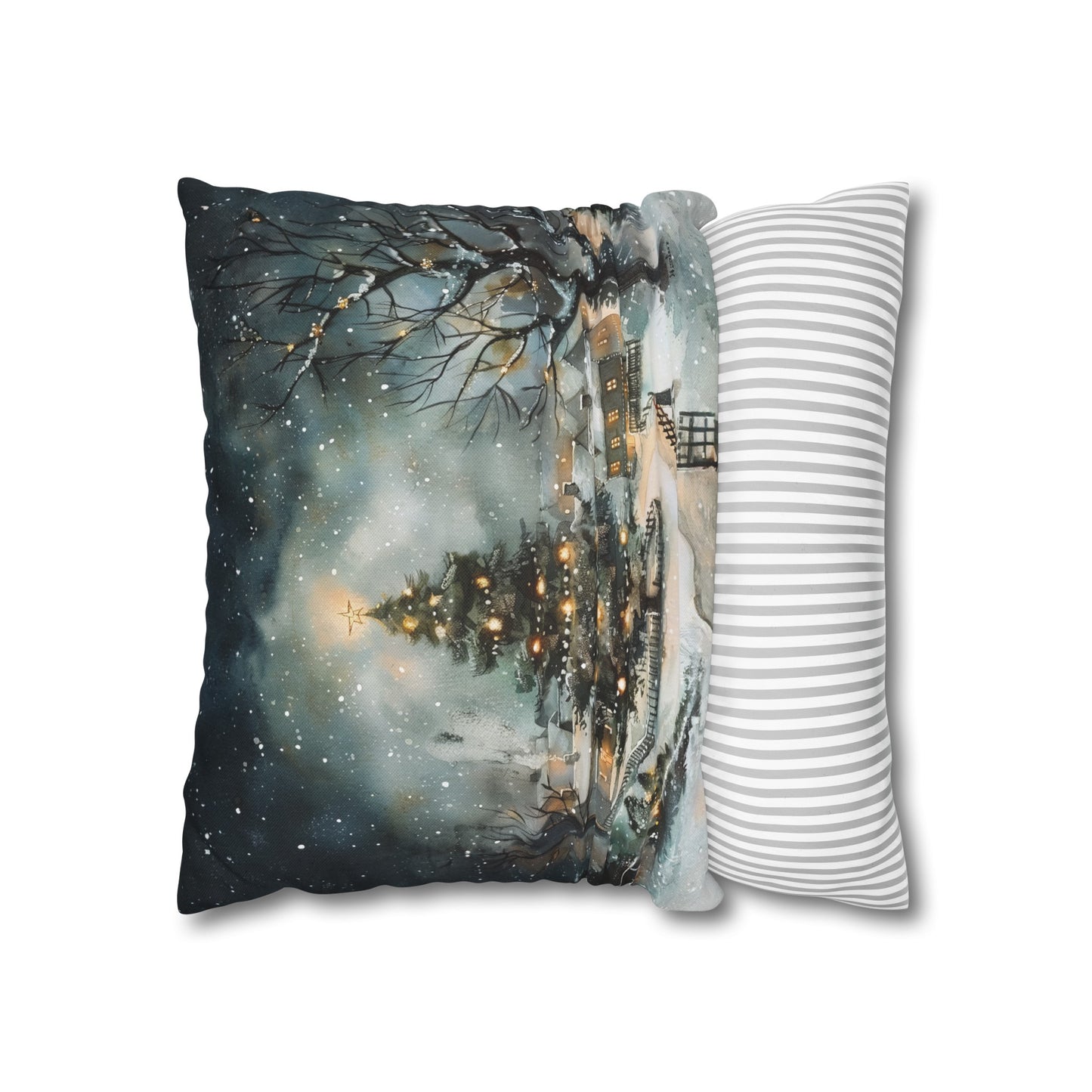 Winter Wonderland Glow: Christmas Tree Illuminating a Snowy Village Spun Polyester Square Pillowcase 4 Sizes