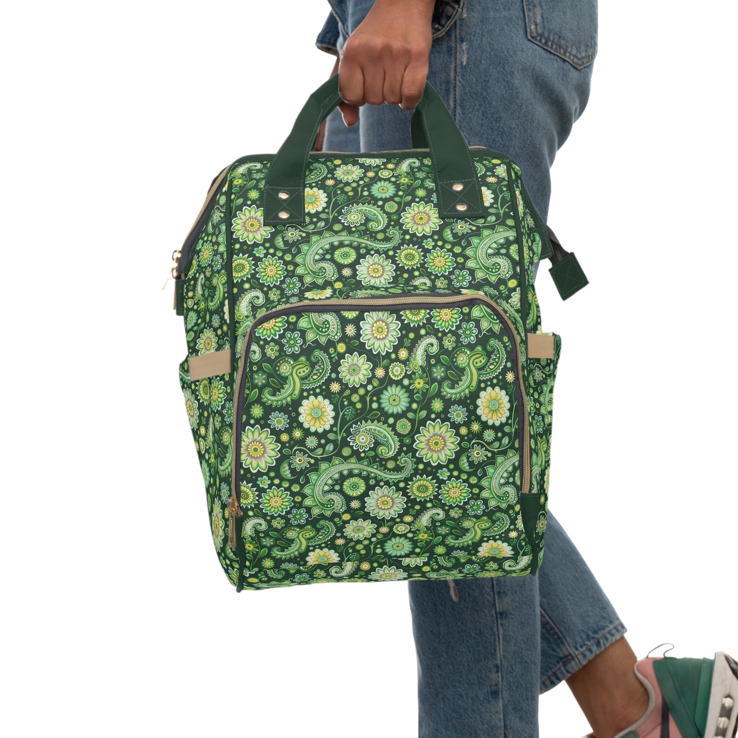 Emerald Oasis in Lush Paisley and Floral Mandala in Soothing Green Tones Multifunctional Diaper Backpack