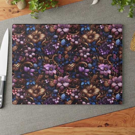 Steampunk Purple and Blue Flowers with Filigree and Gears and Mechanical Elements - Glass Cutting Board  8" x 11" and 11" x 15"