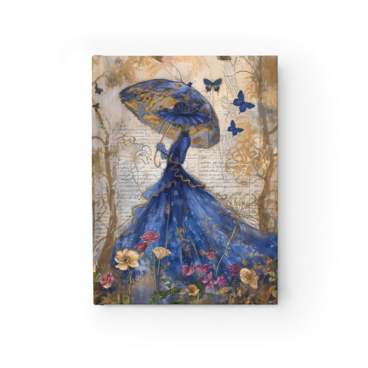 Victorian Splendor of a Women in Blue Hats & Dresses, Graced by Blue Butterflies in a Vintage Flower Garden - Hardcover Ruled Line Journal 5" x 7"