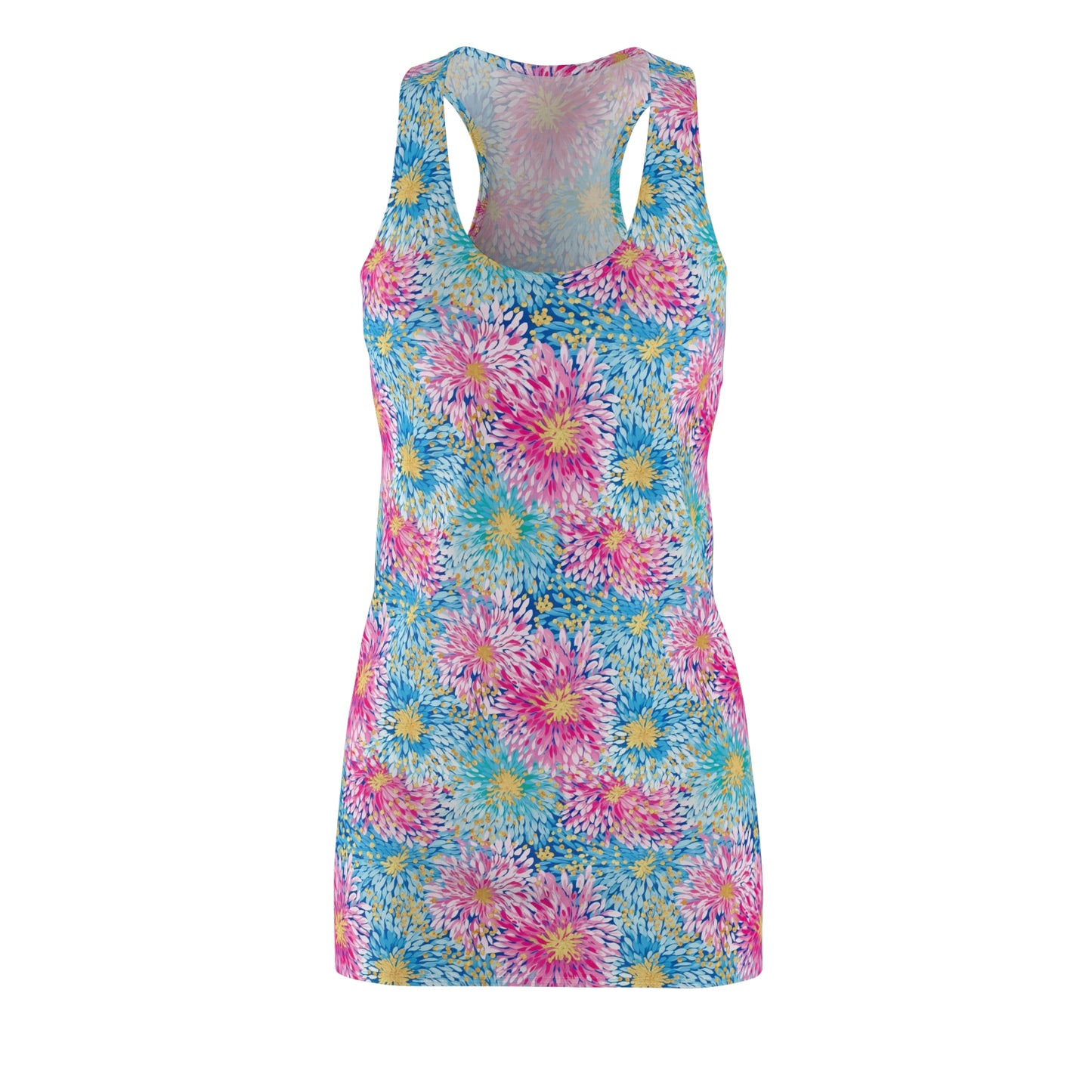 Pastel Harmony: Watercolor Chrysanthemums in Pink, Blue, and Yellow Women's Racerback Dress XS - 2XL