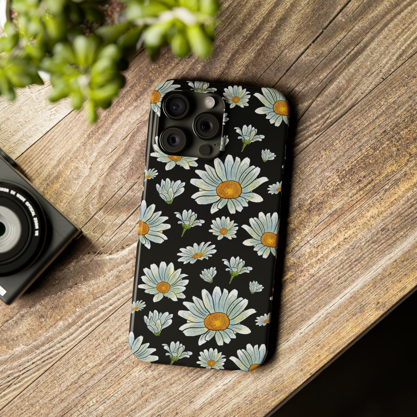 Large Watercolor Summer Daisies Blooming Against a Bold Black Background Iphone 15-12 Slim Phone Case