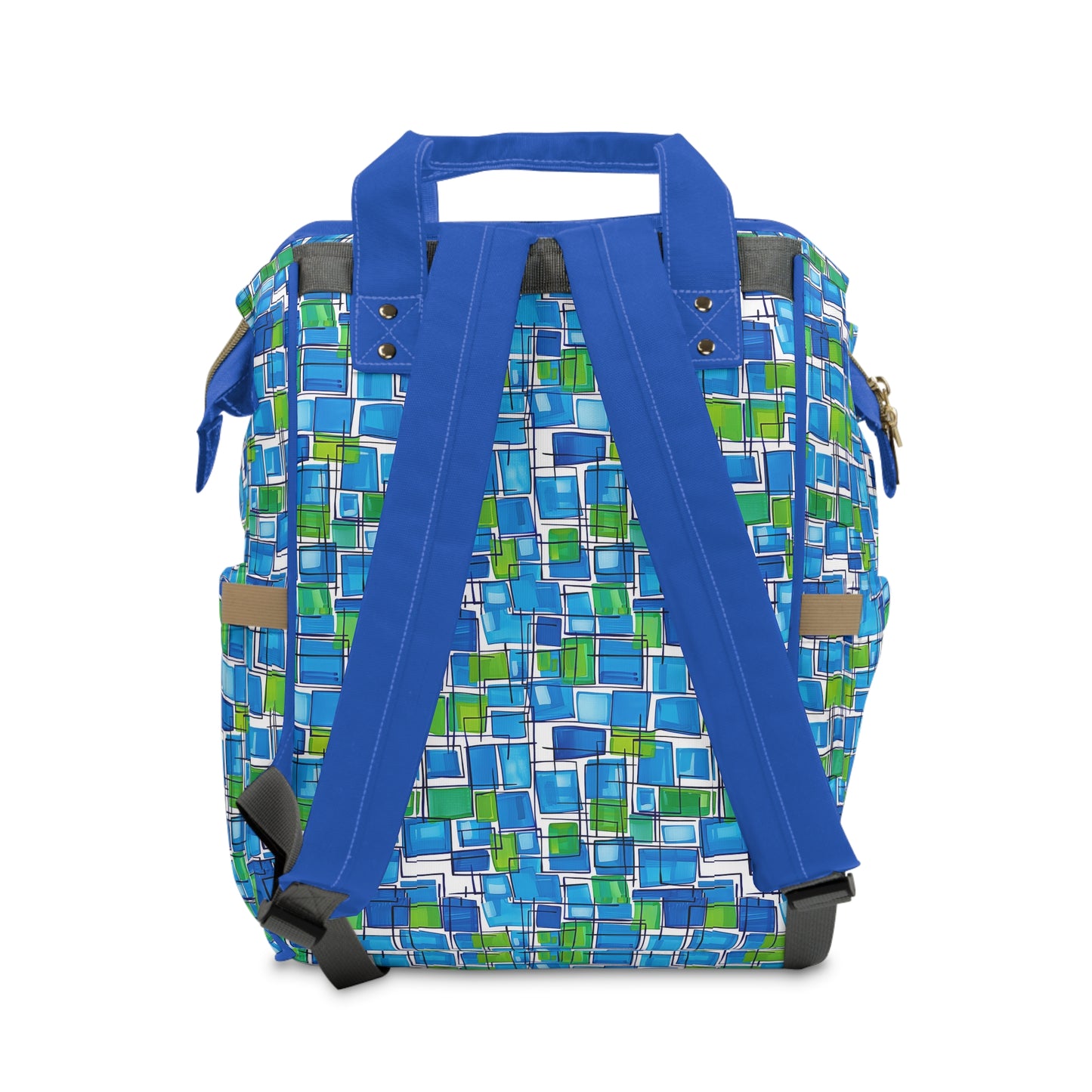 Abstract Interplay of Blue and Green Squares with Meandering Lines Multifunctional Diaper Backpack