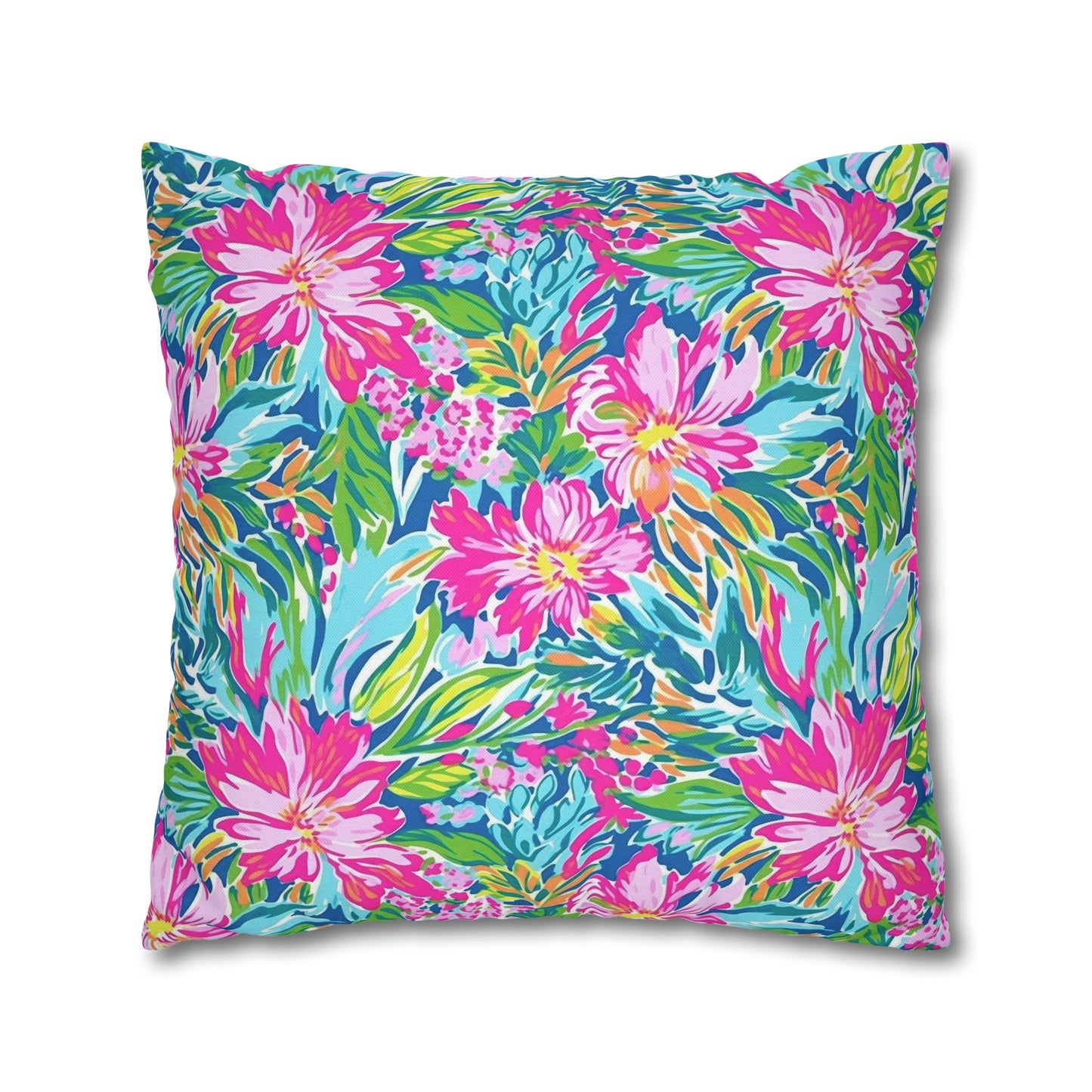 Sunlit Symphony: Large Blooms of Pink, Blue, and Green in Watercolor Spun Polyester Square Pillowcase 4 Sizes