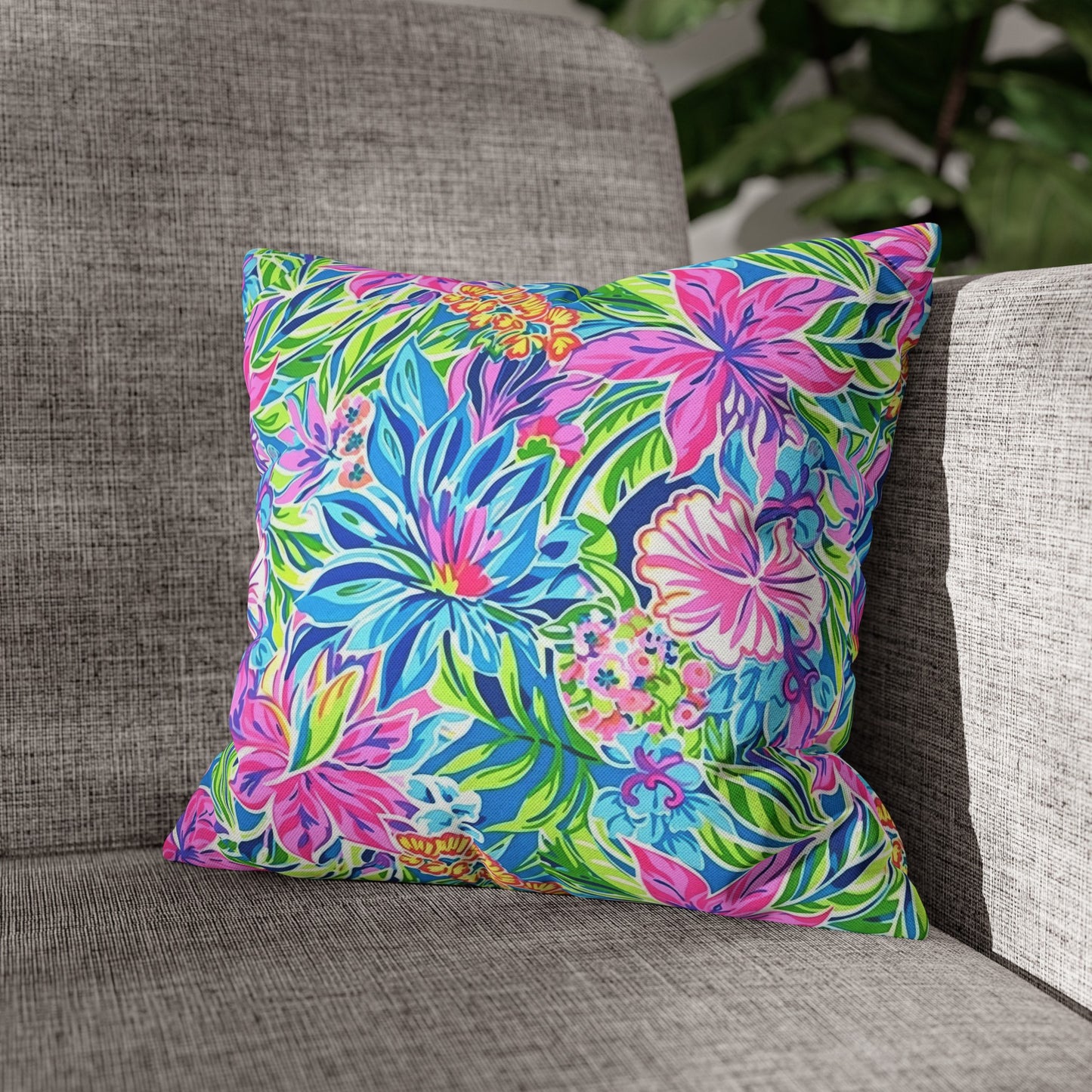 Summer Harmony: Pink and Blue Blooms with Lush Green Leaves Spun Polyester Square Pillowcase 4 Sizes