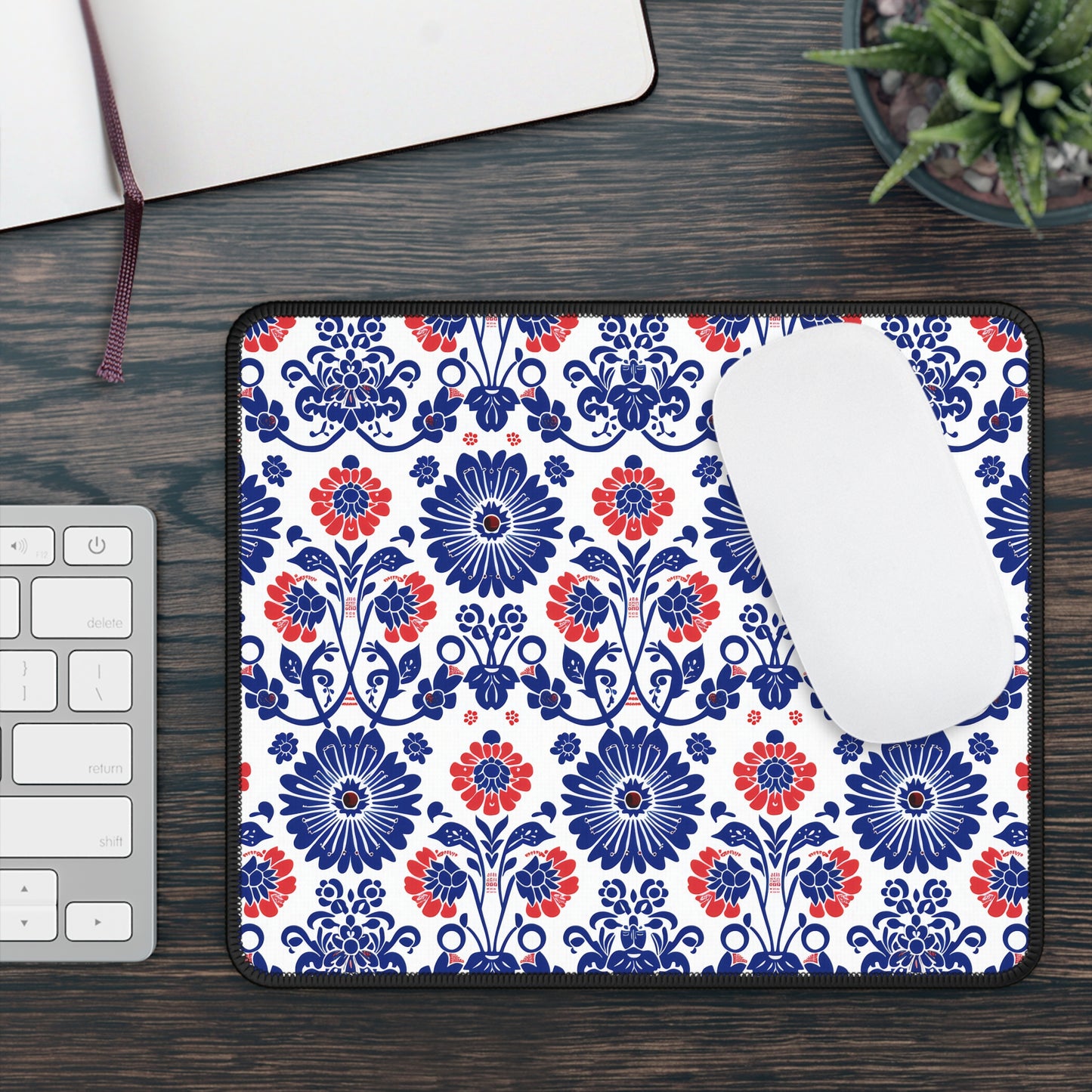 Charming Folk Blooms in Classic Polish Pottery Inspired Floral Pattern in Blue and Red Gaming Mouse Pad with Finished Edges