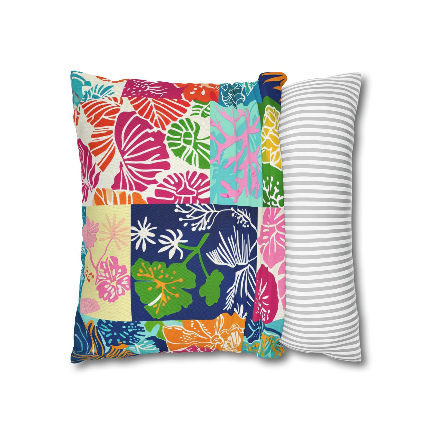 Vibrant Mosaic of Tropical Unique Shapes and Hues, from Vivid Oranges to Deep Blue Leaves and Flowers Spun Polyester Square Pillowcase 4 Sizes