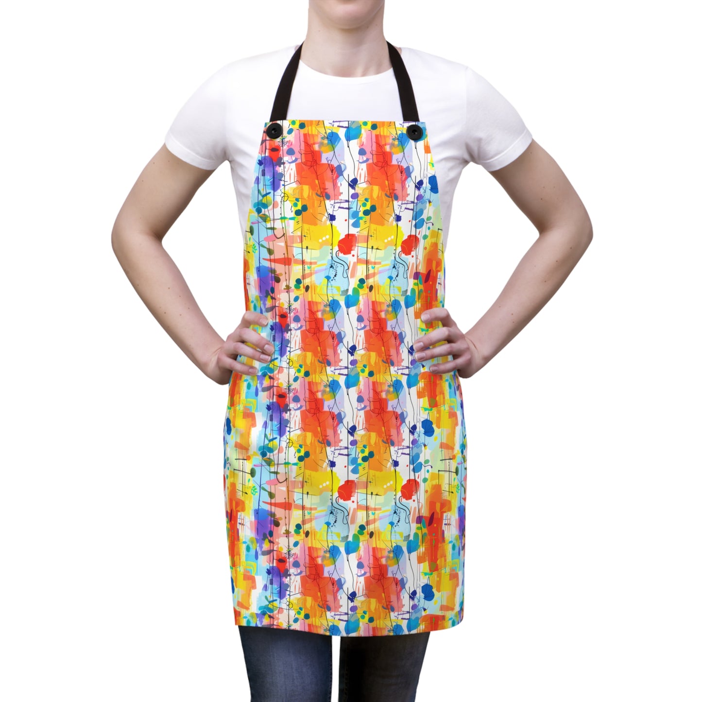 Colorful Chaos Abstract Expressionist Art with Layered Paint Stains in Vibrant Hues of Yellow, Orange, and Blue Kitchen Chef Apron