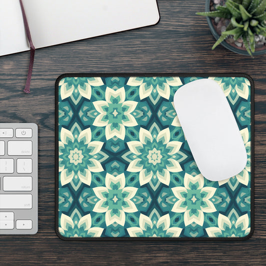 Intricate Aqua and Teal Mandala Floral Pattern Gaming Mouse Pad with Finished Edges