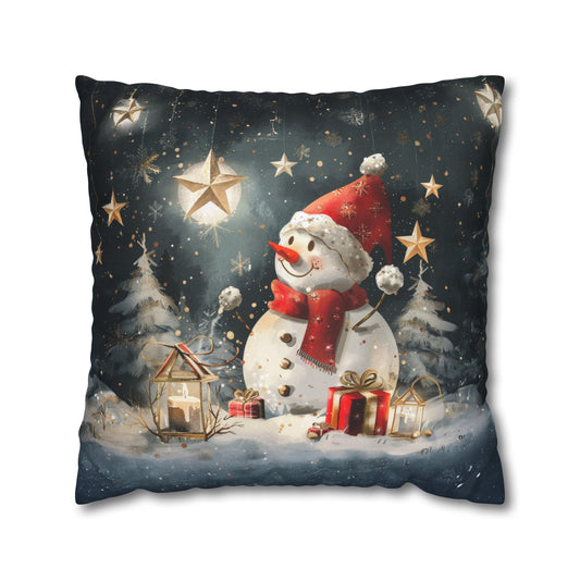 Moonlit Frost: Snowman Basking in Moonlight Surrounded by Presents Spun Polyester Square Pillowcase 4 Sizes