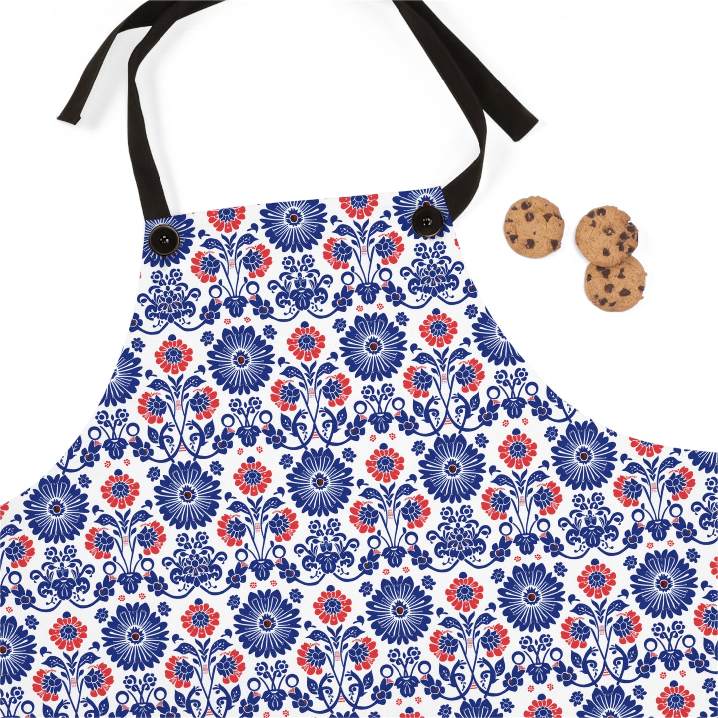 Charming Folk Blooms in Classic Polish Pottery Inspired Floral Pattern in Blue and Red Kitchen Chef Apron