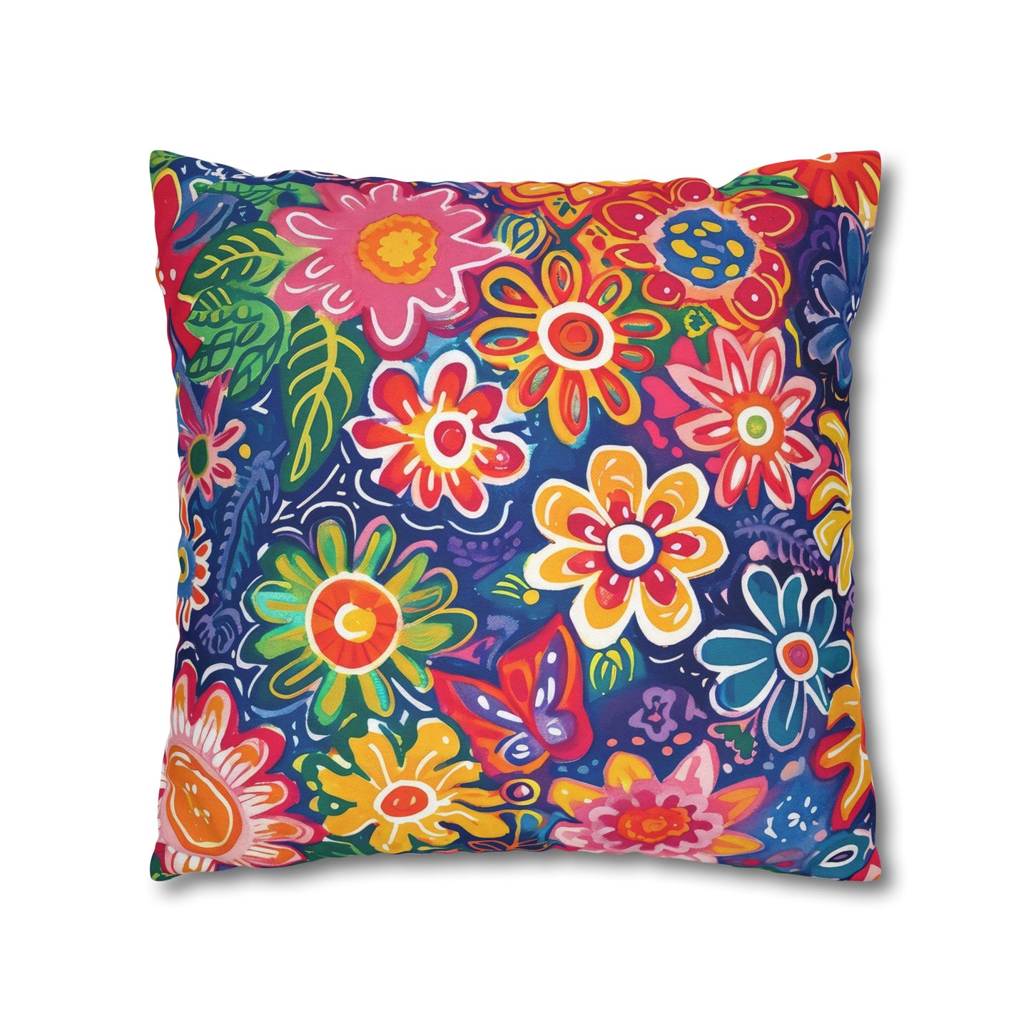 Fluttering Kaleidoscope: Vibrant Multicolor Flowers and Butterflies in Flight Spun Polyester Square Pillowcase 4 Sizes