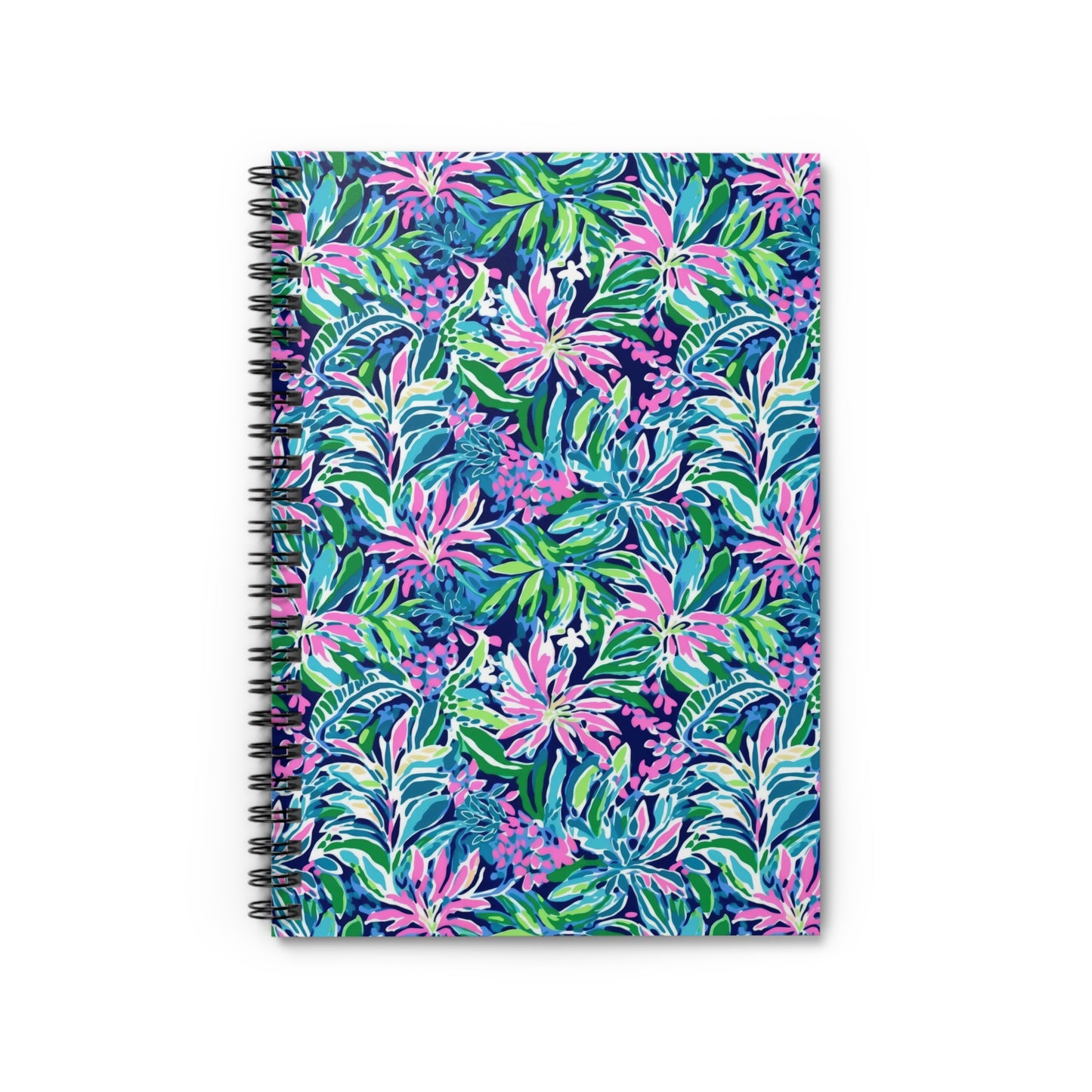 Seaside Blossoms: Coastal Spring Flowers in Pink, Green, and Navy Watercolors Spiral Ruled Line Notebook