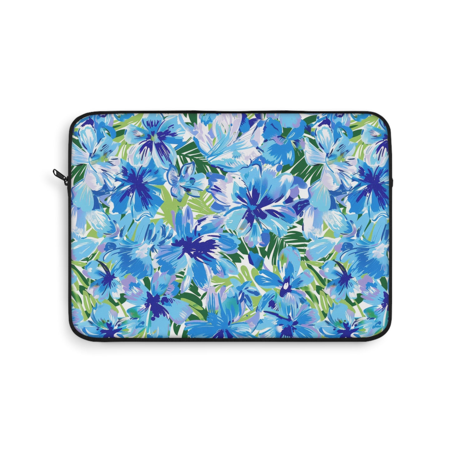 Azure Bloom Oasis: Bright Blue Large Flowers with Lush Green Palm Leaves Laptop or Ipad Protective Sleeve Three Sizes Available