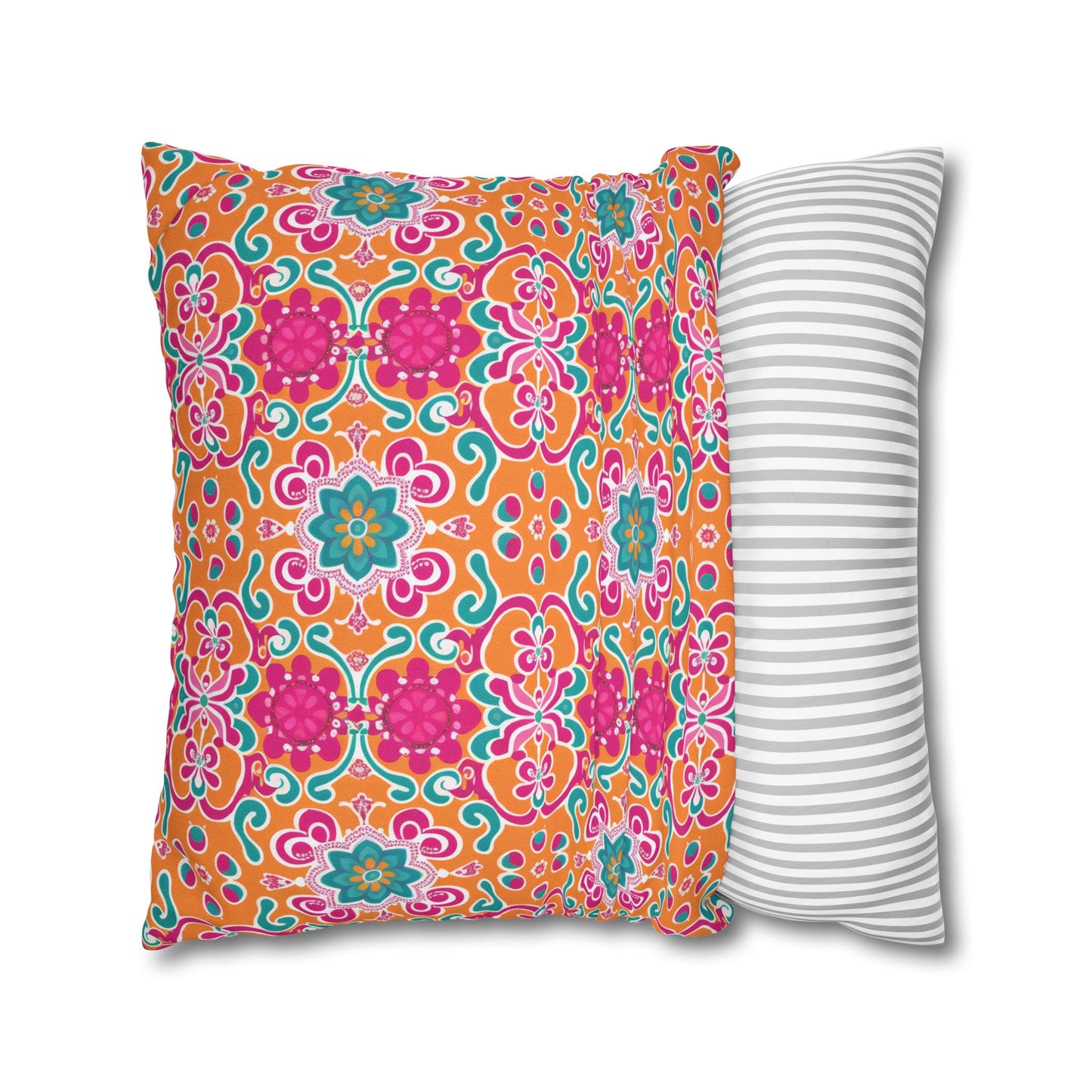 Kaleidoscope of Warm Tangerine, Lush Teal, and Lively Pink Blooms Polyester Square Pillowcase 4 Sizes