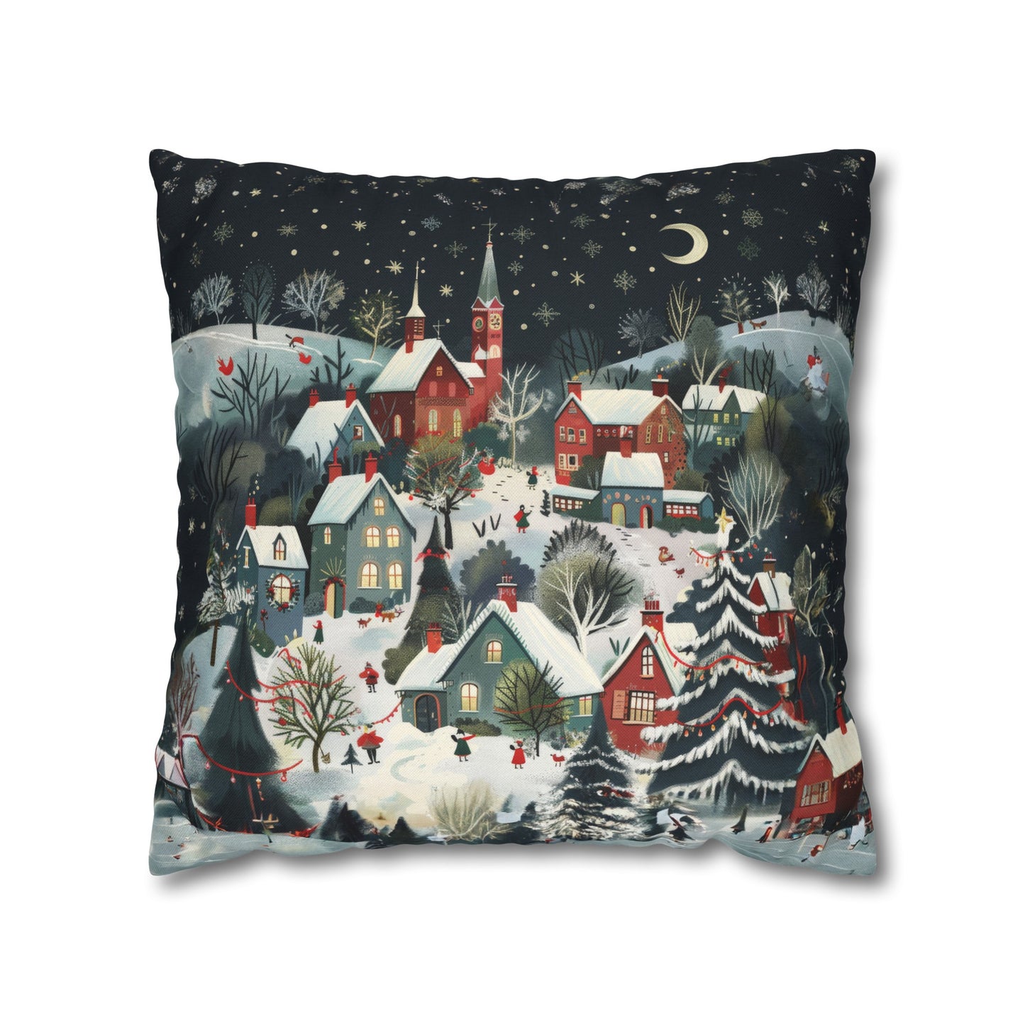 Vintage Winter Village: Old-Fashioned Country Town in a Snowy Christmas Scene Spun Polyester Square Pillowcase 4 Sizes