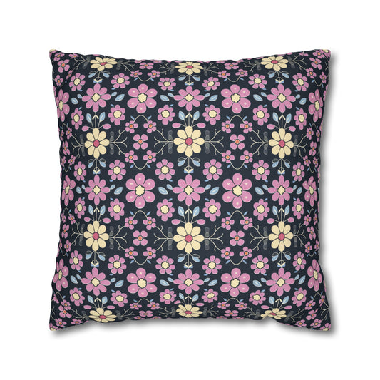 Charming Pastel Pink and Yellow Flowers on Navy Blue Background Spun Polyester Square Pillowcase 4 Sizes