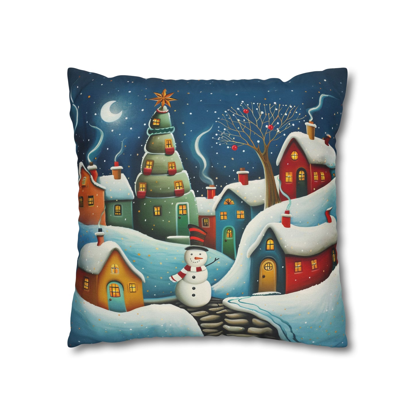 Starry Snowman Serenade: Village under a Starry Night Sky Spun Polyester Square Pillowcase 4 Sizes