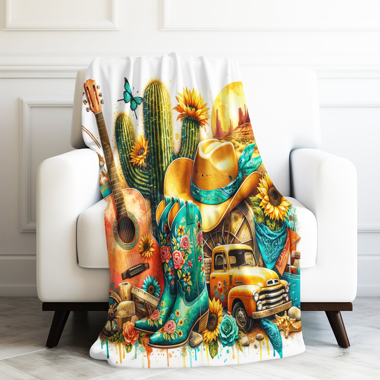 Western Music Rustic Southwestern Country Spring Print Velveteen Plush Blanket 3 Sizes