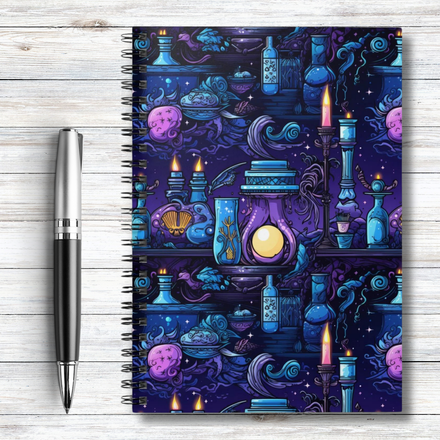 Mystical Brews and Enchantments: Purple and Blue Glowing Candles Set the Scene- Spiral Ruled Line Notebook 6"x8"