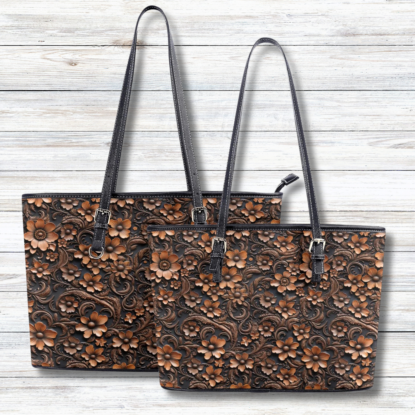 Tooled Deep Brown Leather Flowers Print Professional Tote Bag Faux Leather (PU) - 2 Sizes