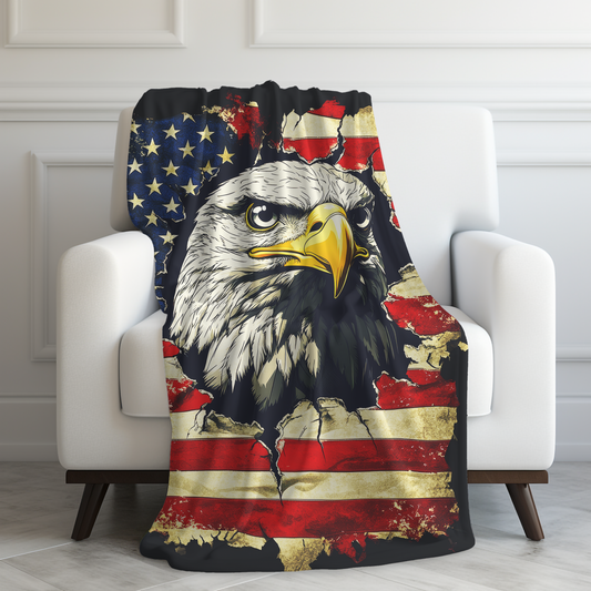 Bold Patriotism American Bald Eagle and Tattered American Flag Velveteen Plush Blanket 3 Sizes