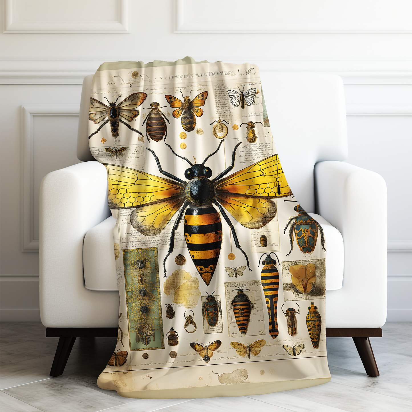 Vintage Bees and Butterflies Print Velveteen Plush Blanket 3 Sizes