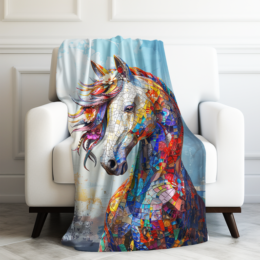 Prismatic Majesty: Vibrant Stained Glass Stallion Velveteen Plush Blanket 3 Sizes